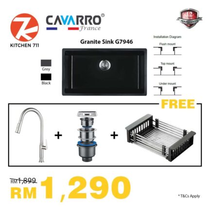 [PROMOTION] CAVARRO Granite Kitchen Sink : Grey/ Black (Model: G7946) + 3 PCS FREE GIFT